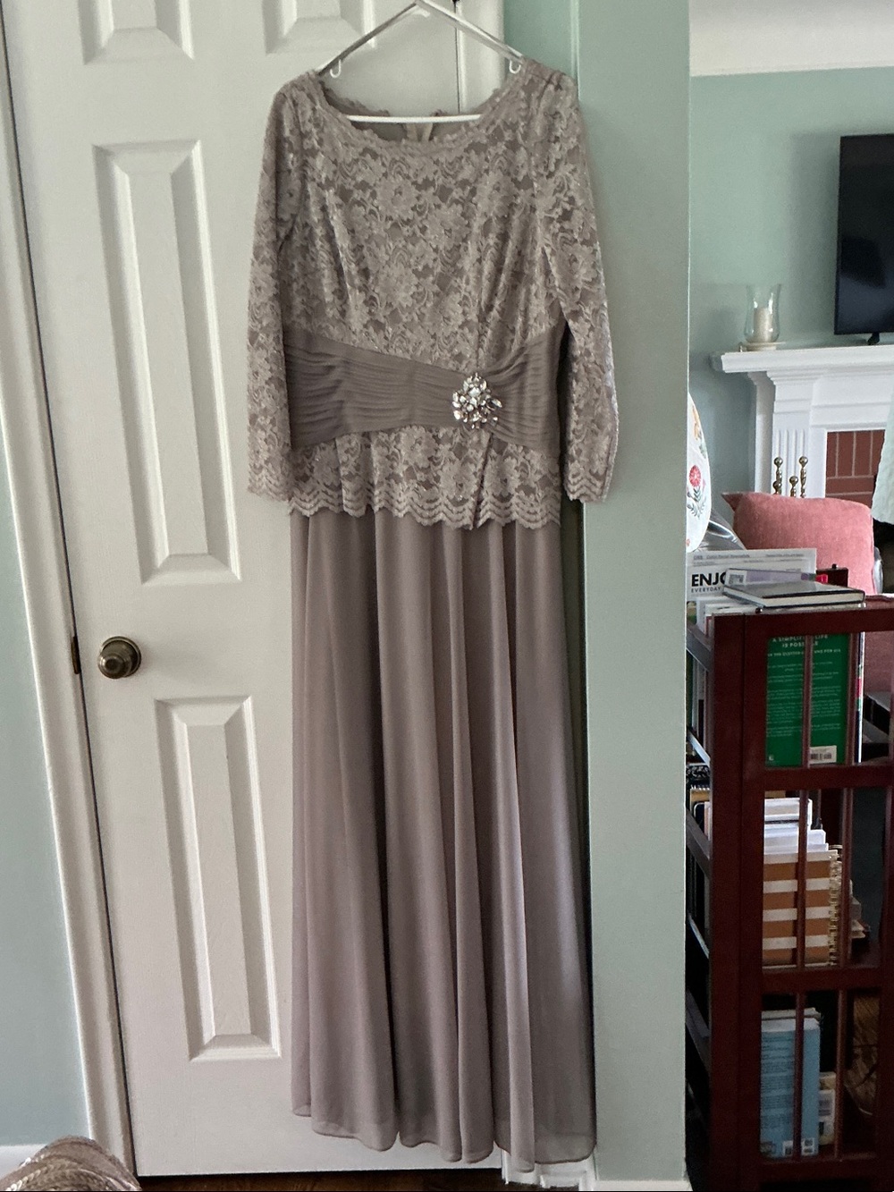 Gray Lace Long Sleeve Evening Gown with Jeweled Waist